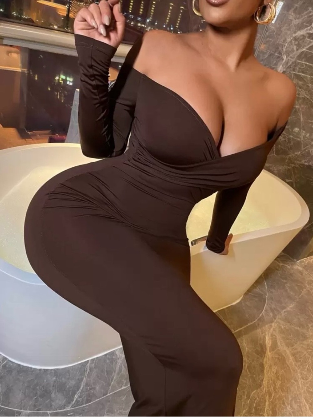 Off-Shoulder Long Sleeve Bodycon Dress in  Brown